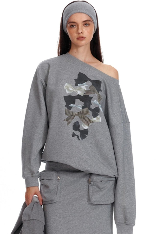 Bow Print One-Shoulder Sweatshirt