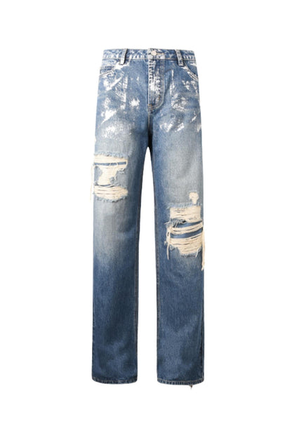 Silver Patch Ripped Wide Jeans Pants