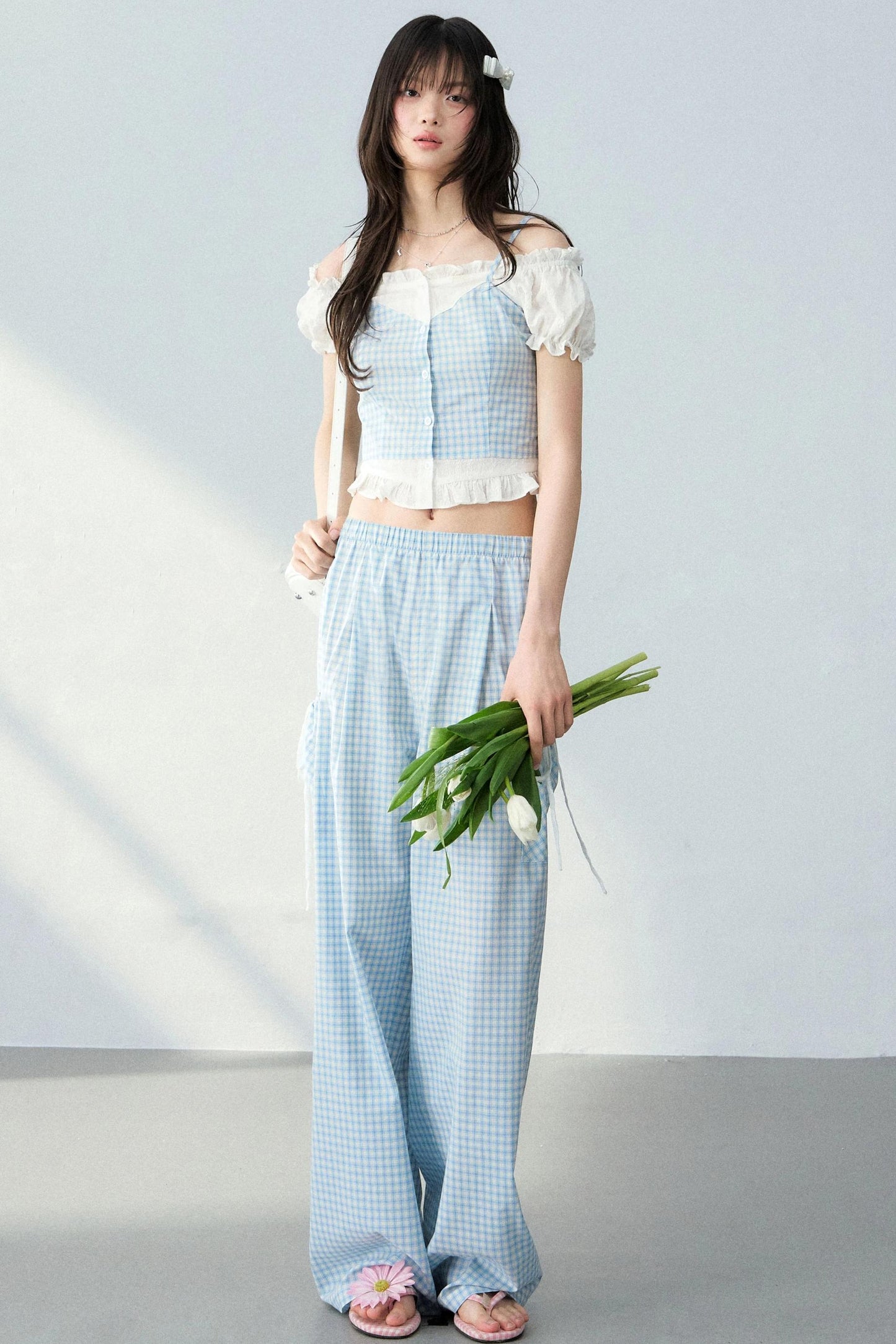 Blue Plaid Off-Shoulder Top Set-Up