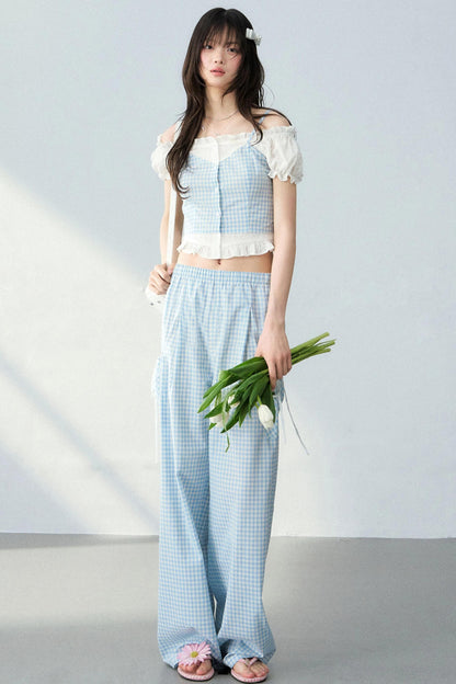 Blue Plaid Off-Shoulder Top Set-Up