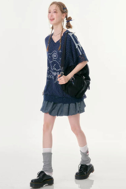 Dark Blue Floral Lace V-Neck T-Shirt