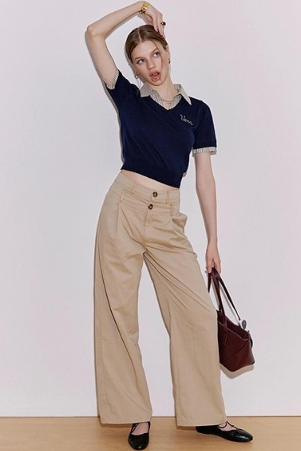 Embroidered Striped Collar Fake Two Piece T-Shirt