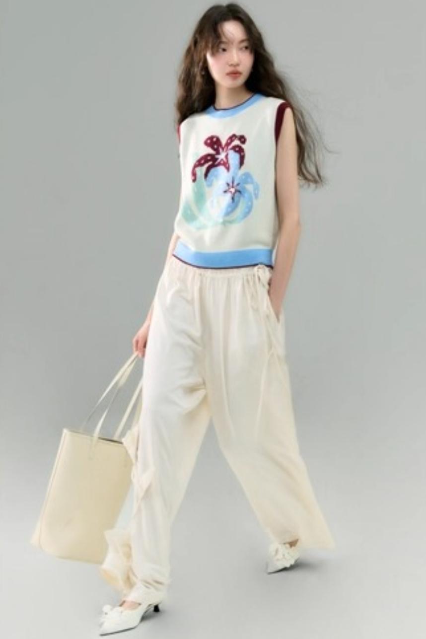 Three-Dimensional Calla Lily Linen Blend Wide-Leg Pants