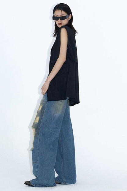 Deconstructed Distressed Wide-Leg Jeans