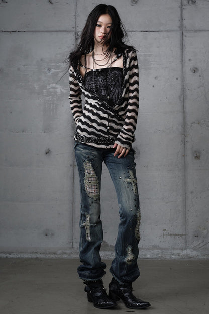 Bandeau Fake Two-Piece Striped Knit Top Set