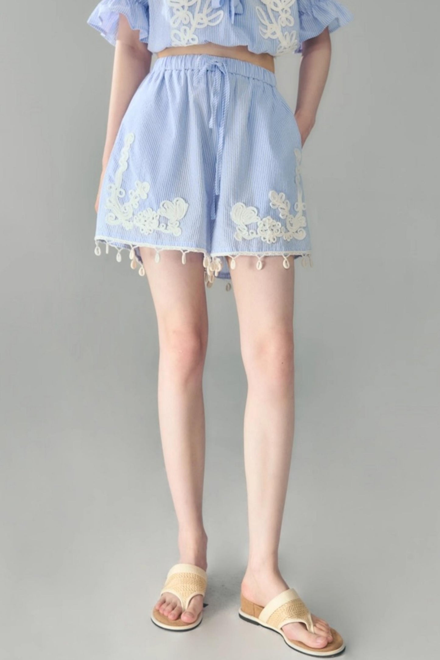 Island Flower Vine Striped Short Sleeve Top Shorts Set-Up