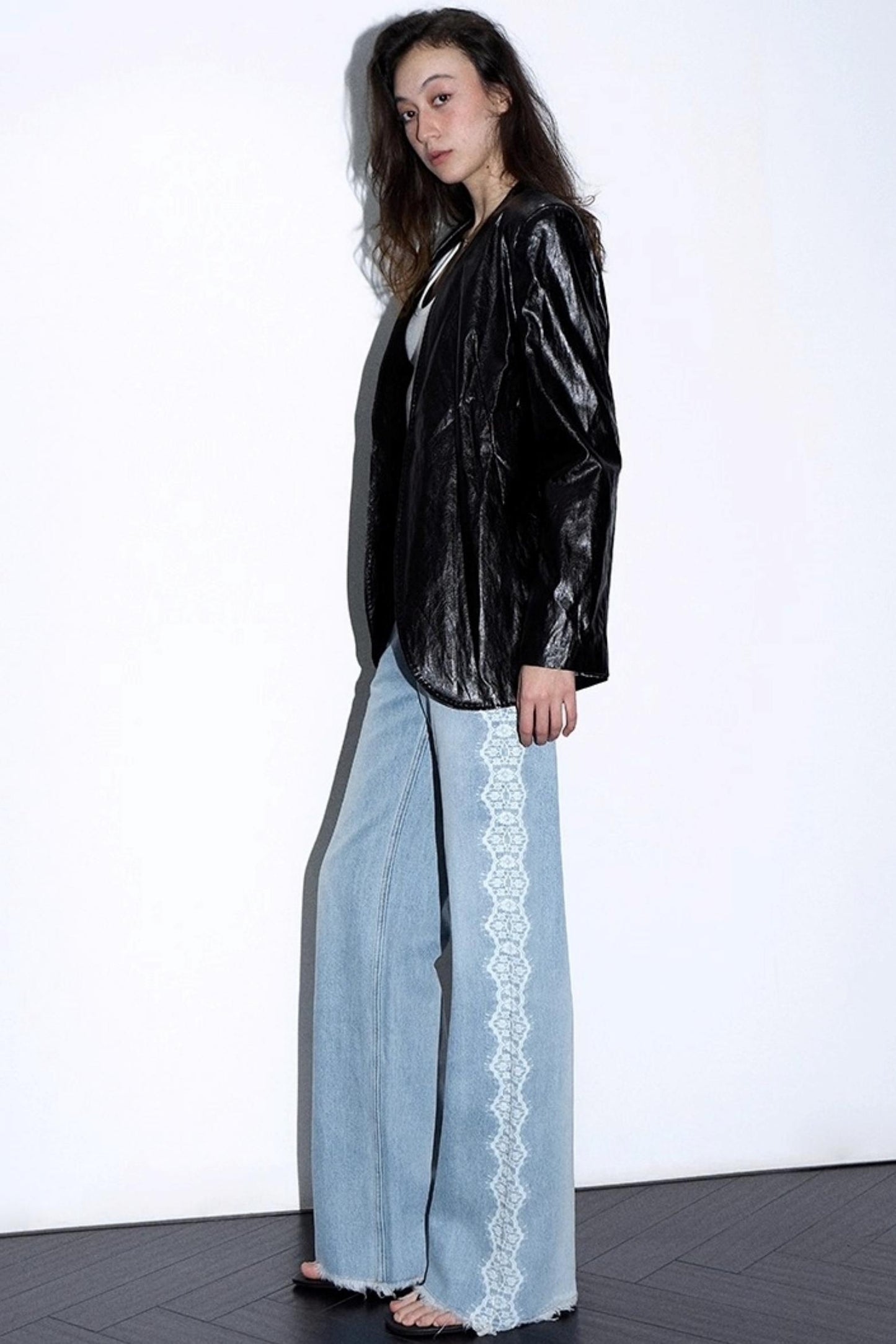 Lace Raw Hem Straight Jeans