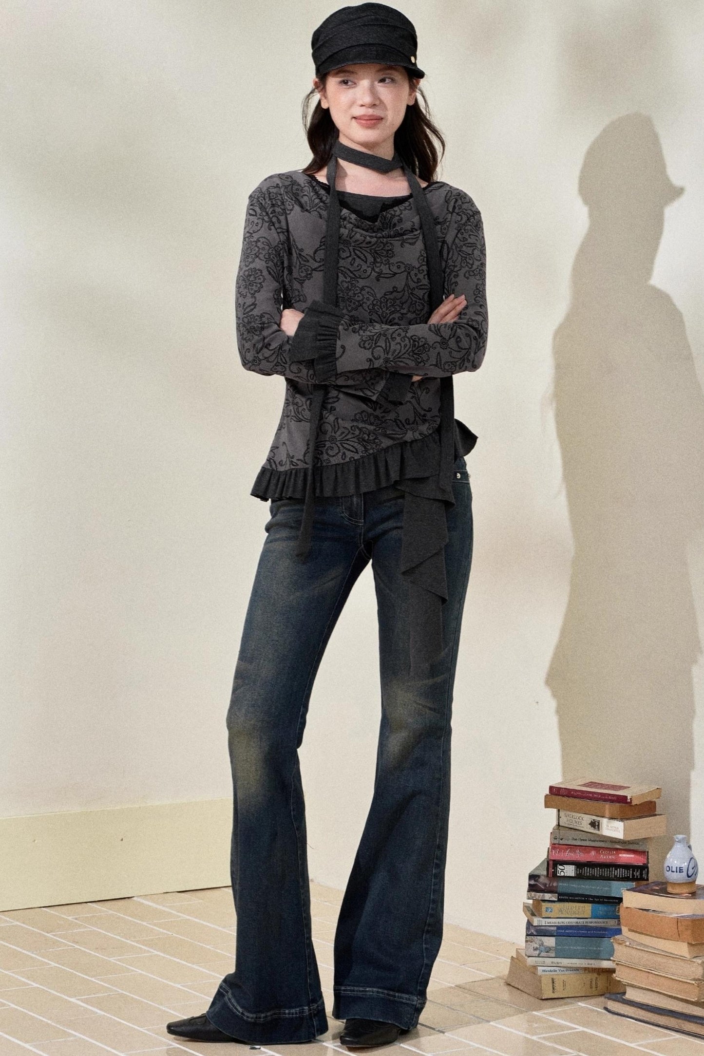 Swing Collar Ruffled Floral Lace Top