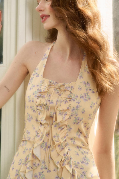 Lemon Sea & Iris Lace Halter Satin Dress