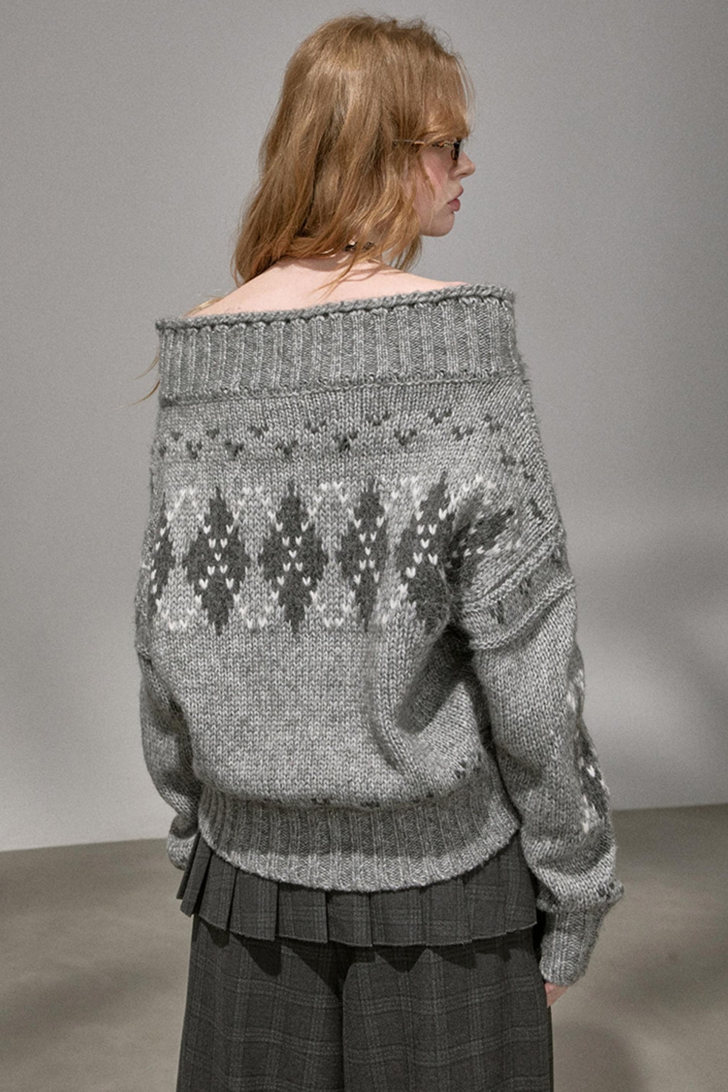 Thick Knit Argyle Off-Shoulder Top