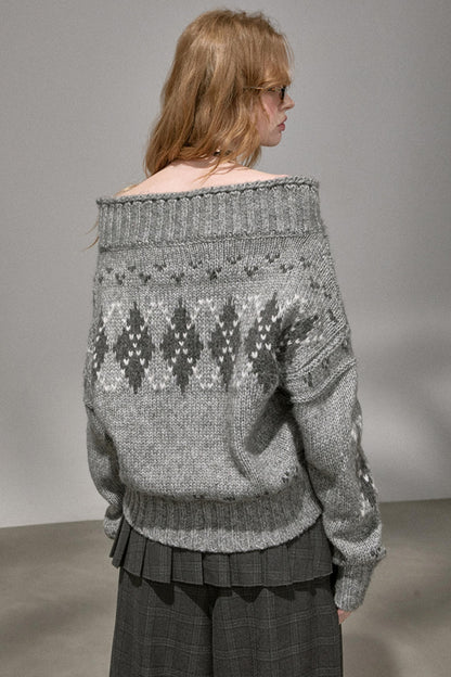 Thick Knit Argyle Off-Shoulder Top