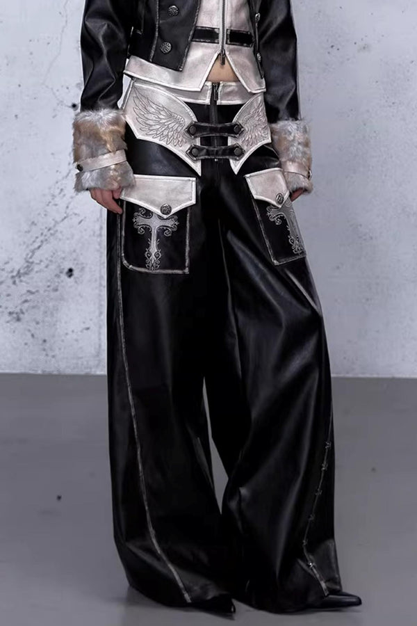 Punk Embroidered Leather Pants