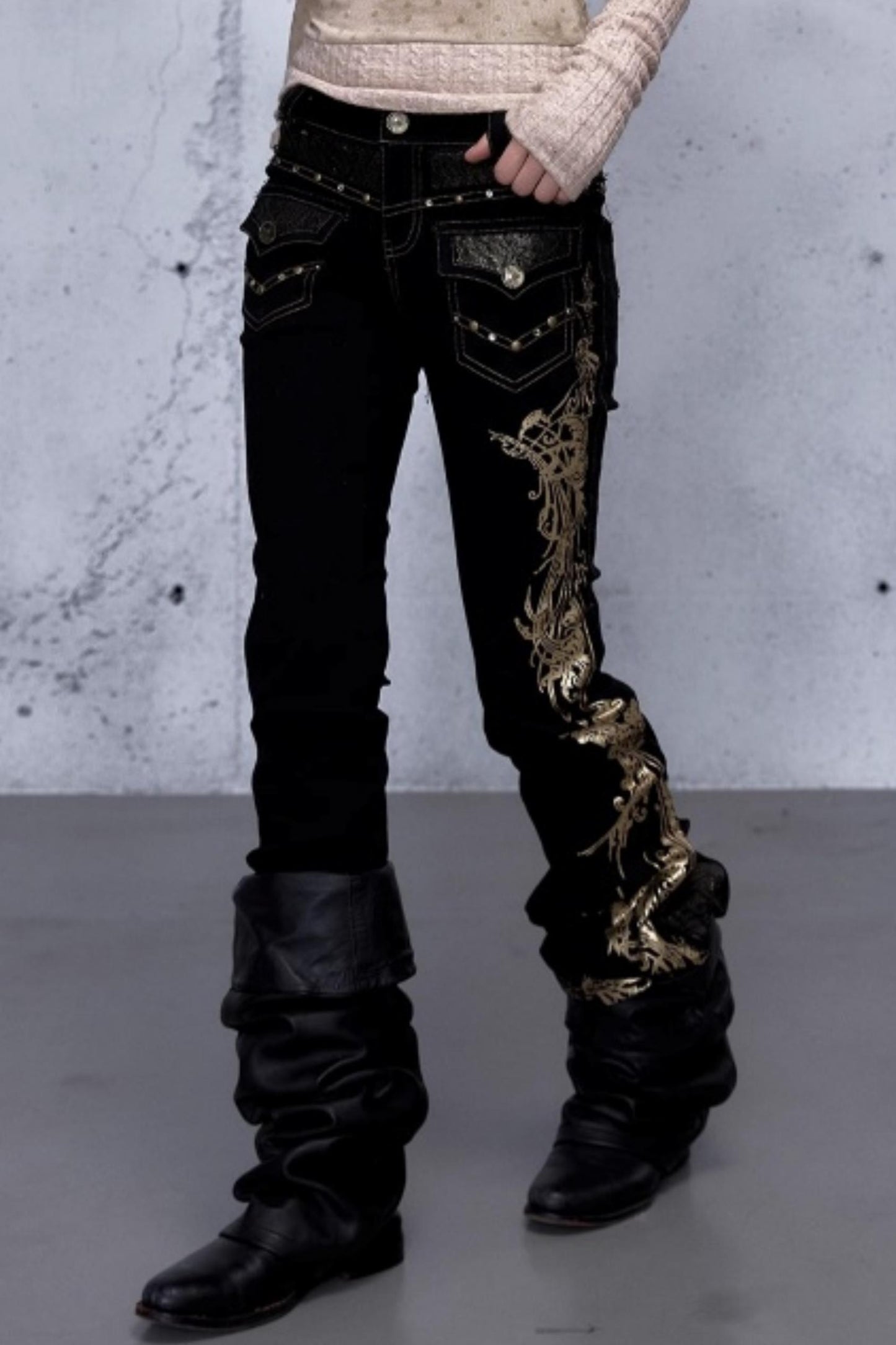 Retro Gold Foil Denim Pants
