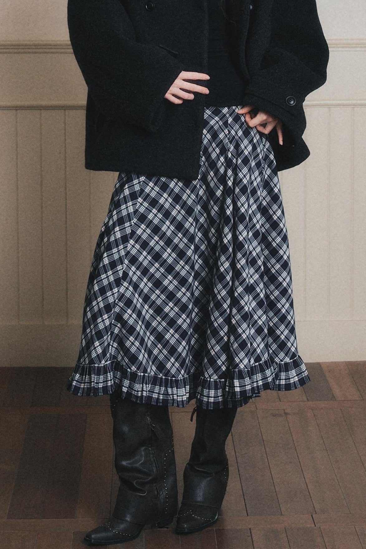 Navy Blue Check A-Line Swing Skirt
