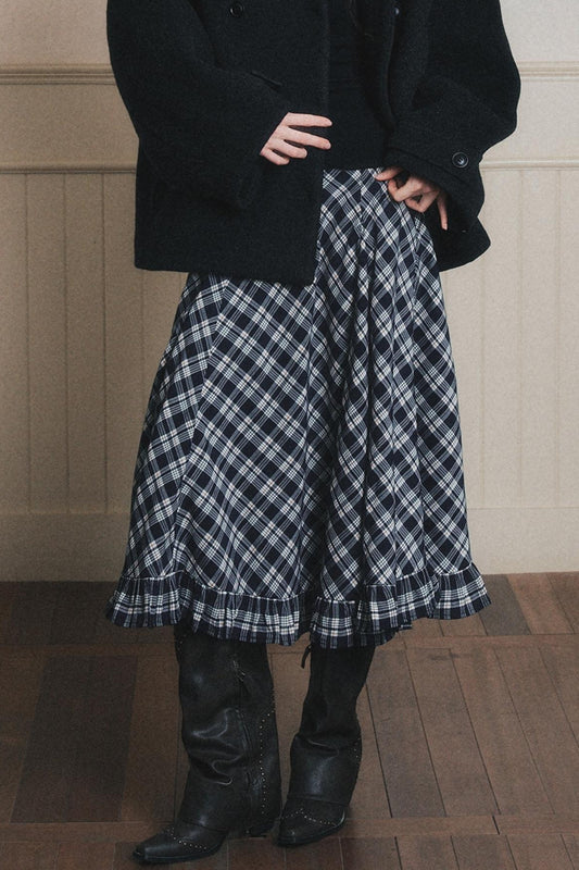 Navy Blue Check A-Line Swing Skirt