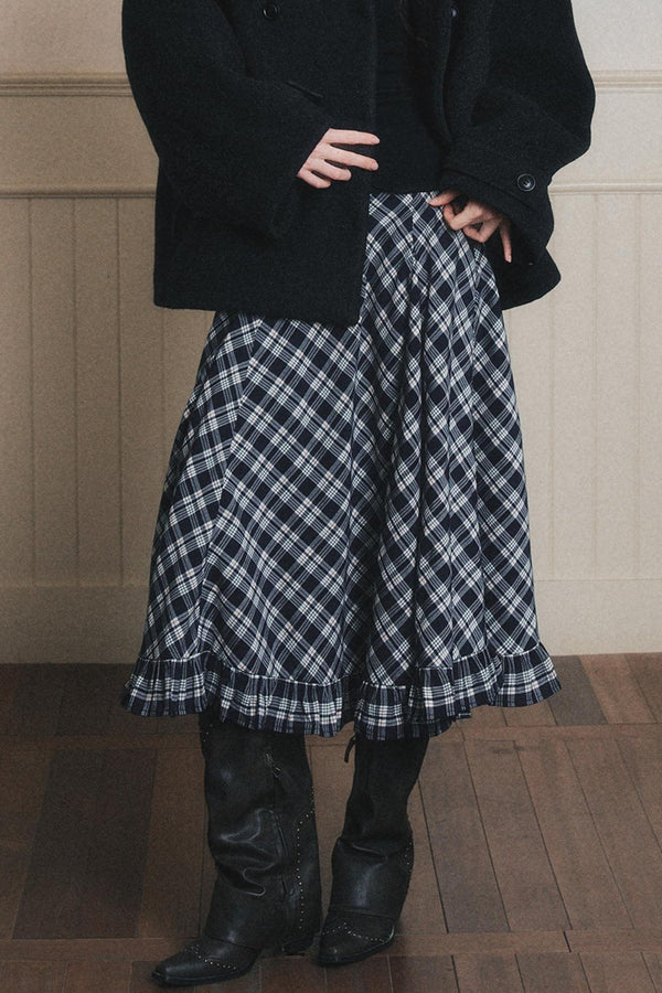 Navy Blue Check A-Line Swing Skirt