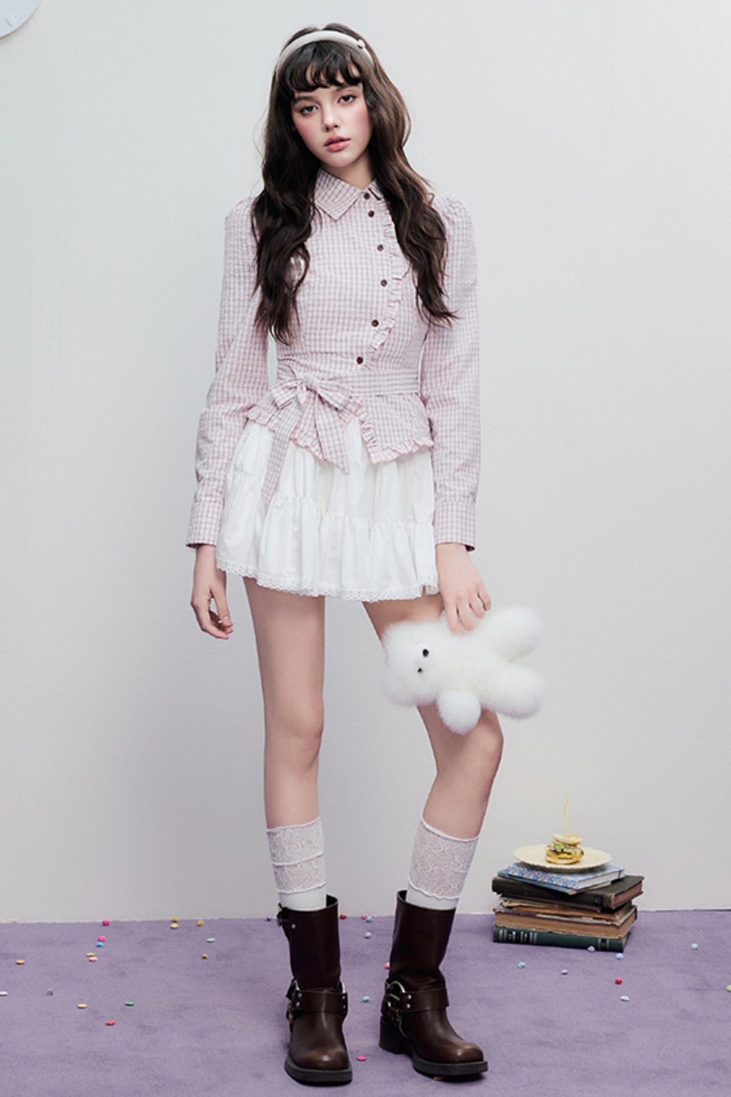 Spring Slim Plaid Ruffle Tie Shirt