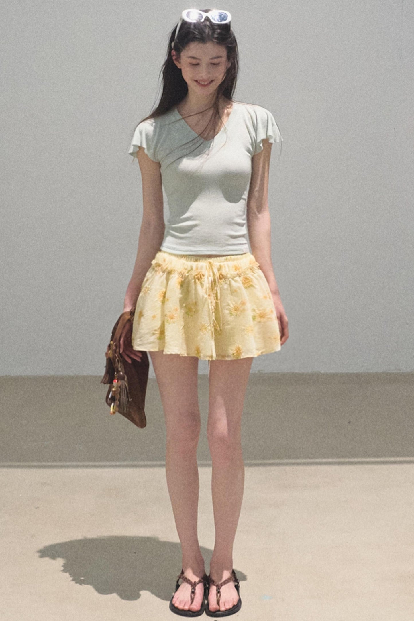 Green Apples Sleeve V-Neck Skinny Top