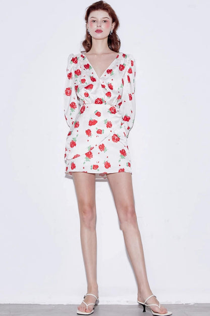 Satin Rose Jacquard V-Neck Dress