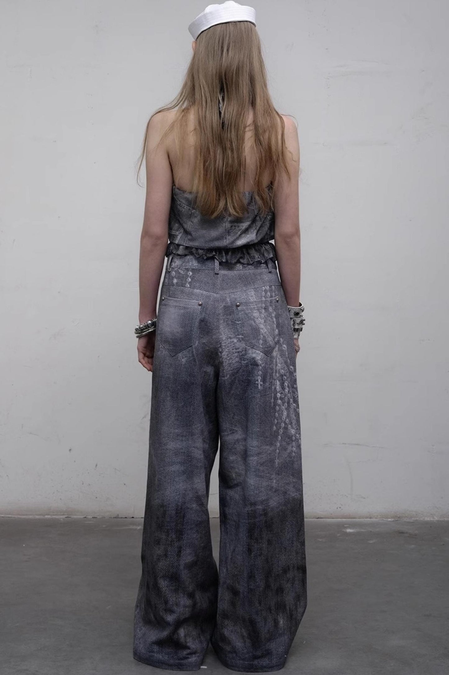 Printed Blue Wide-Leg Denim Pants