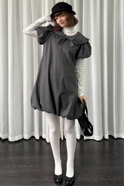 Gray Tweed Bow Lace Puff Sleeve Dress