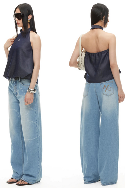 Wide-Leg Diamond Chain Jeans