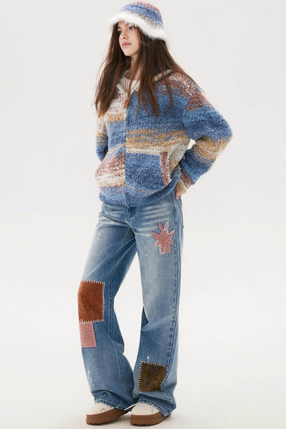 Blue Gradient Hooded Wool Cardigan