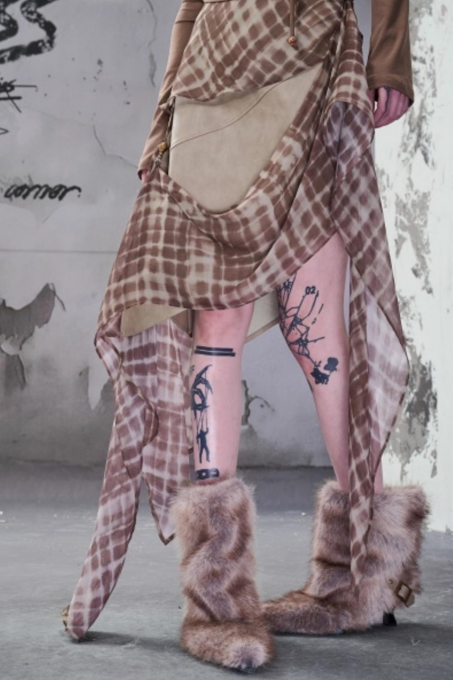 Chiffon Panel Ruffled Irregular Leather Skirt