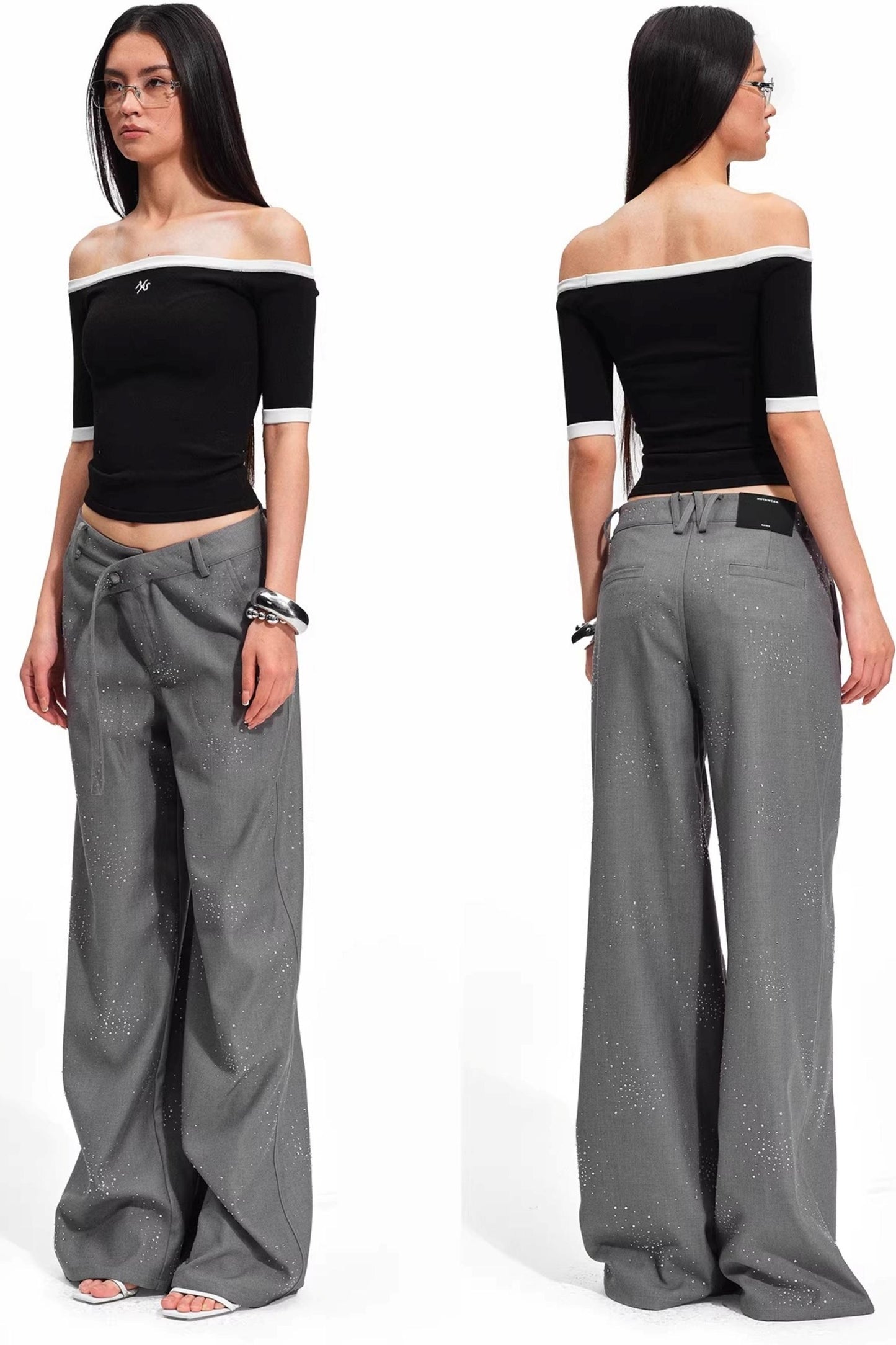 Starry Rhinestone Wide-Leg Pants