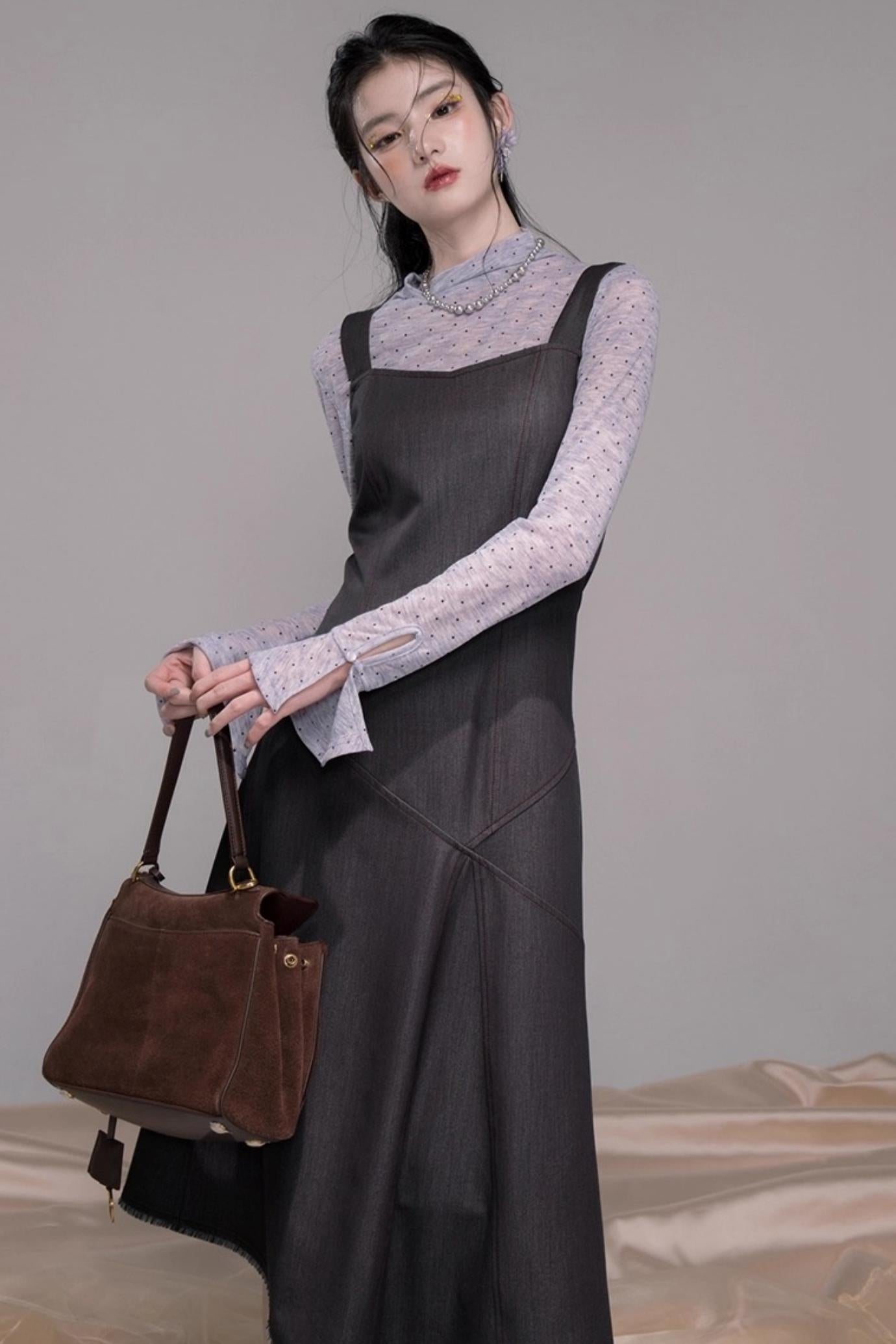 Twilight Gray Polka Dot Shirt Dress Set-Up