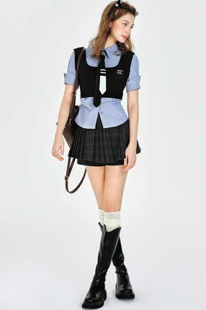 Chic Plaid Vest & Skirt Set-Up