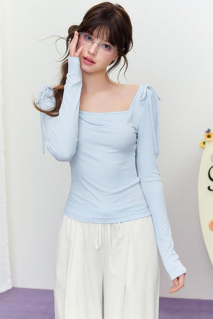 Korean Slim Tie Shoulder Top
