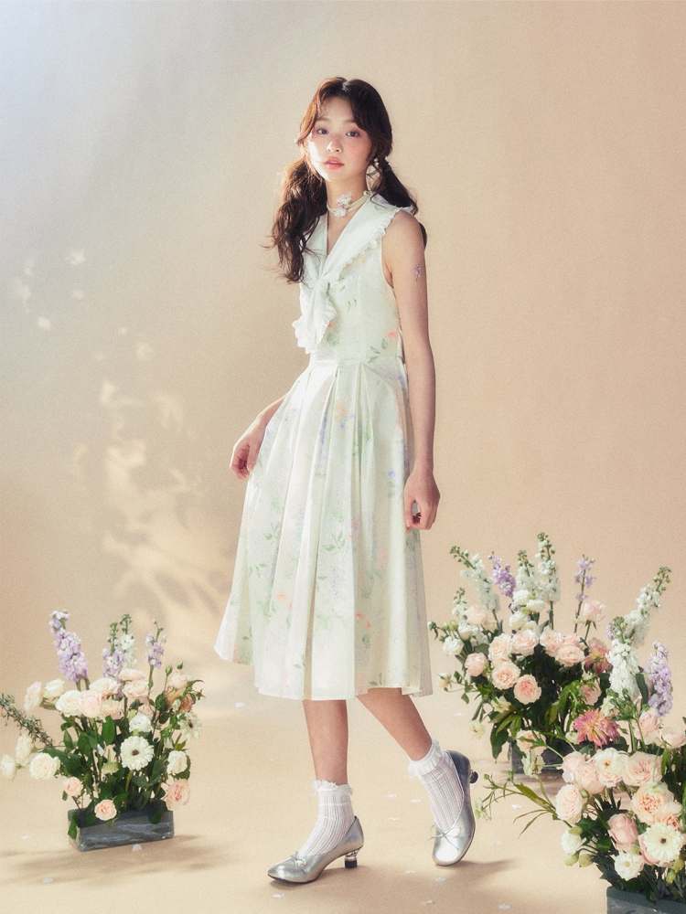 Frills Sailor Collar Floral Sleeveless Dress