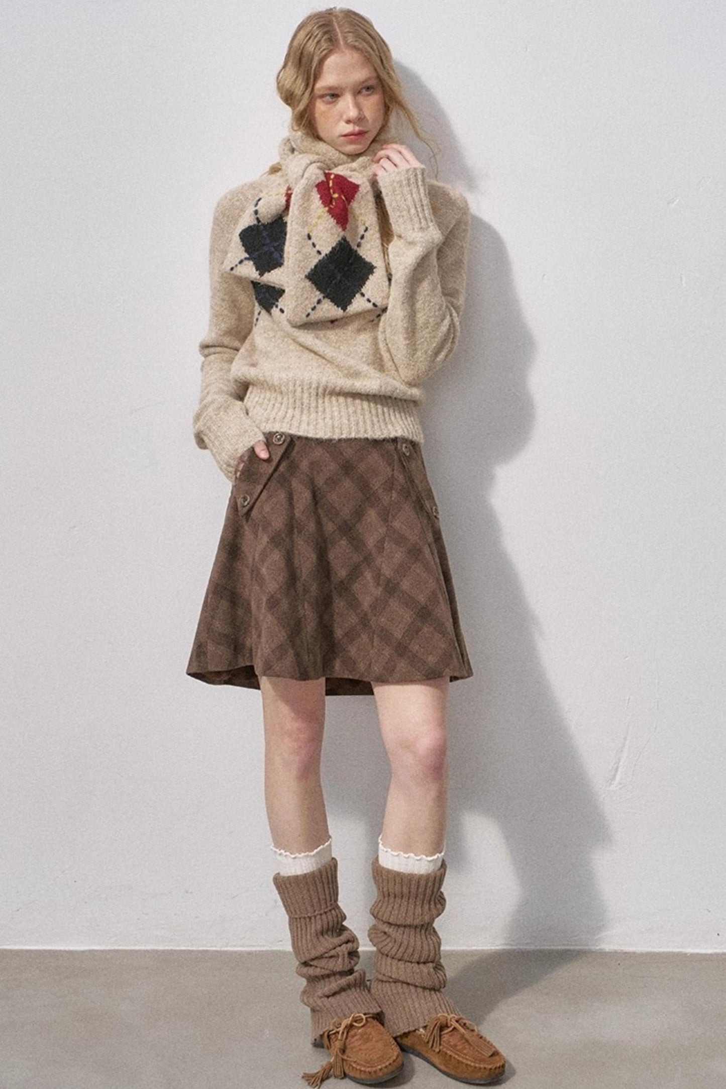 Split Wool Plaid A-Line Skirt