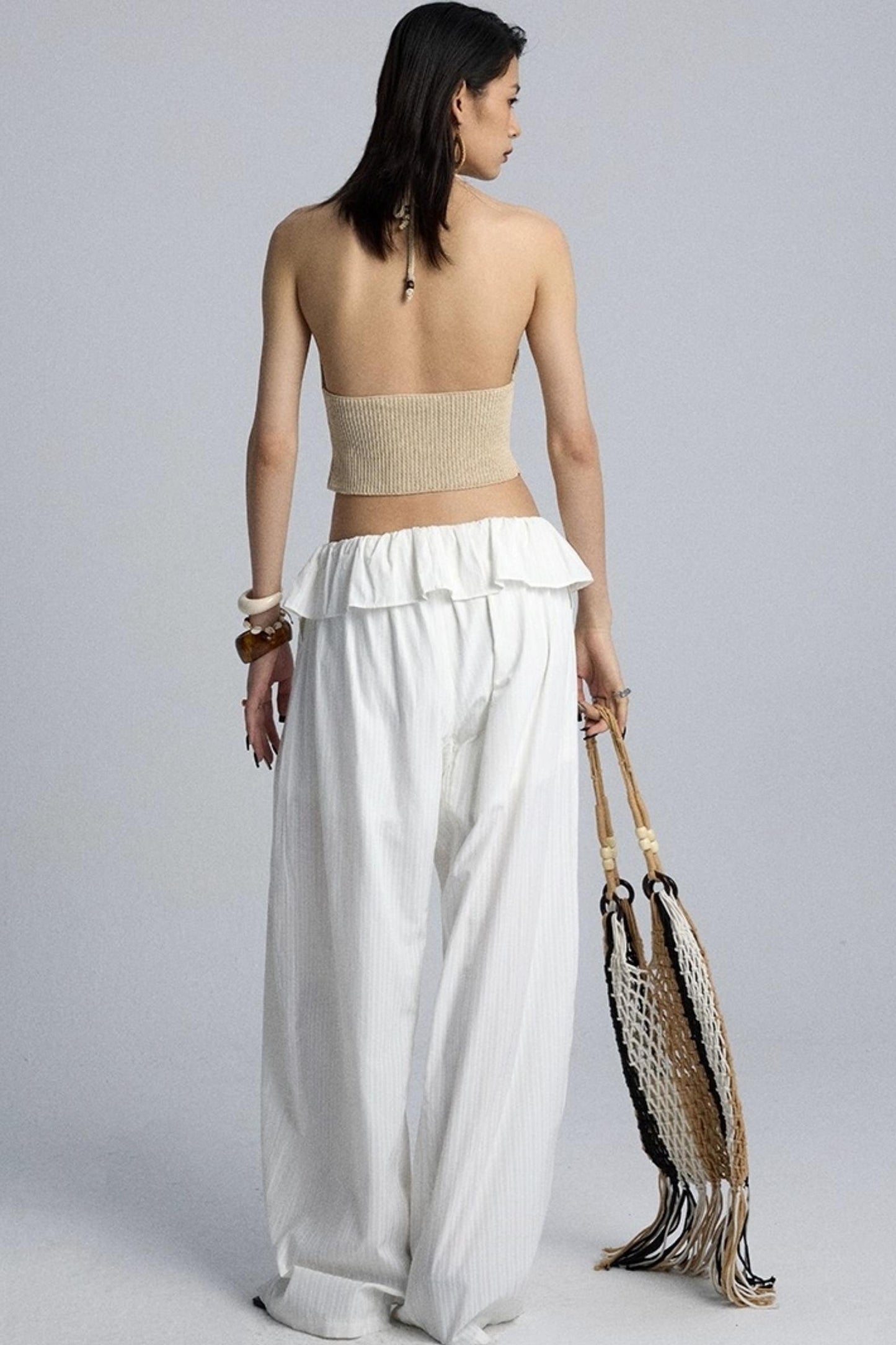 White Lace Drawstring Wide-Leg Pants