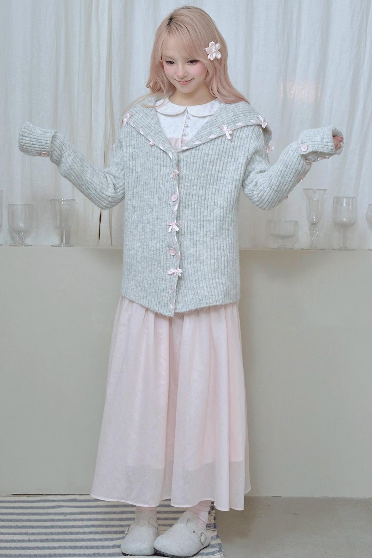 Lace Pleated Panel Pink Long Skirt