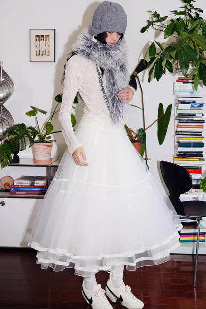 Autumn Mesh Puffy Long Skirt