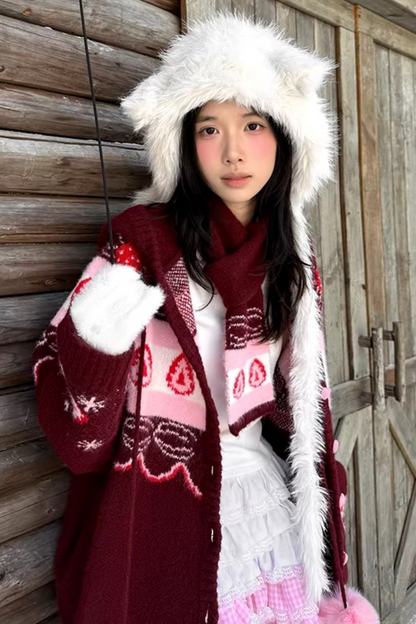 Fair Isle Strickjacke mit Erdbeermuster