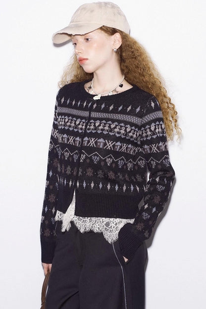 Jacquard Embroidery Slim Cardigan