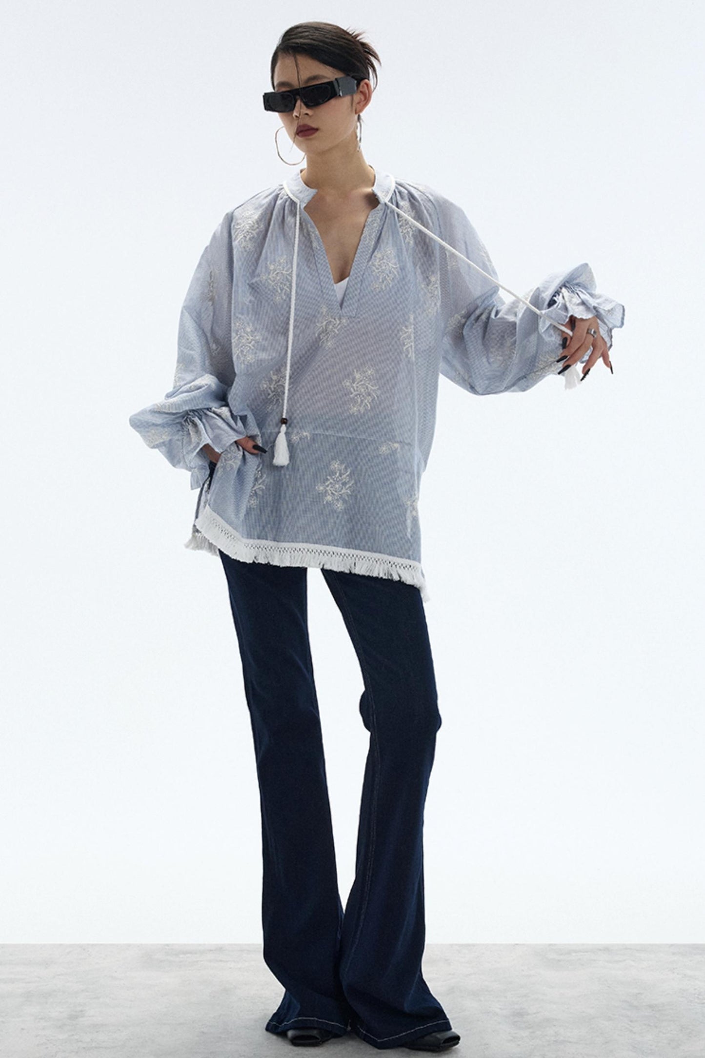 Tassel Stripe Embroidery Top