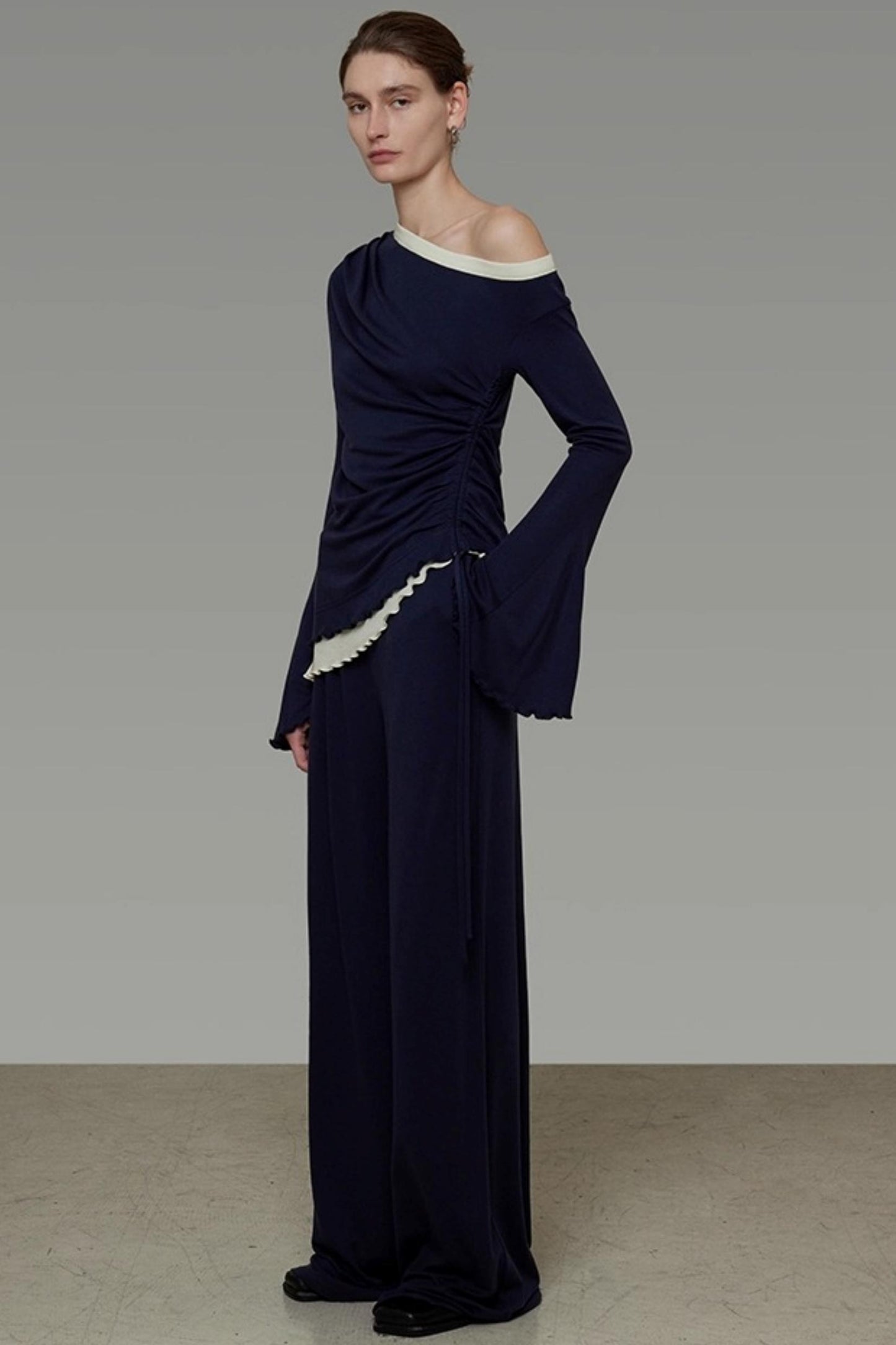 Autumn Slanted Shoulder Knit Slacks Set-Up