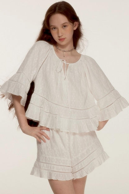 Noisy Flowers Embroidered Shirt Shorts Set-Up