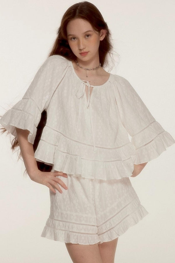 Noisy Flowers Embroidered Shirt Shorts Set-Up