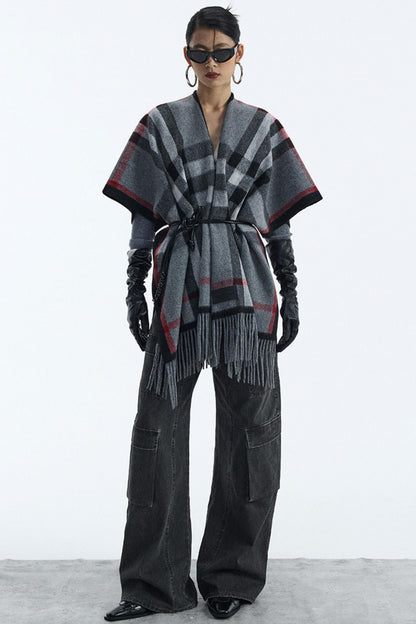 Wool Blend Plaid Cape Cardigan