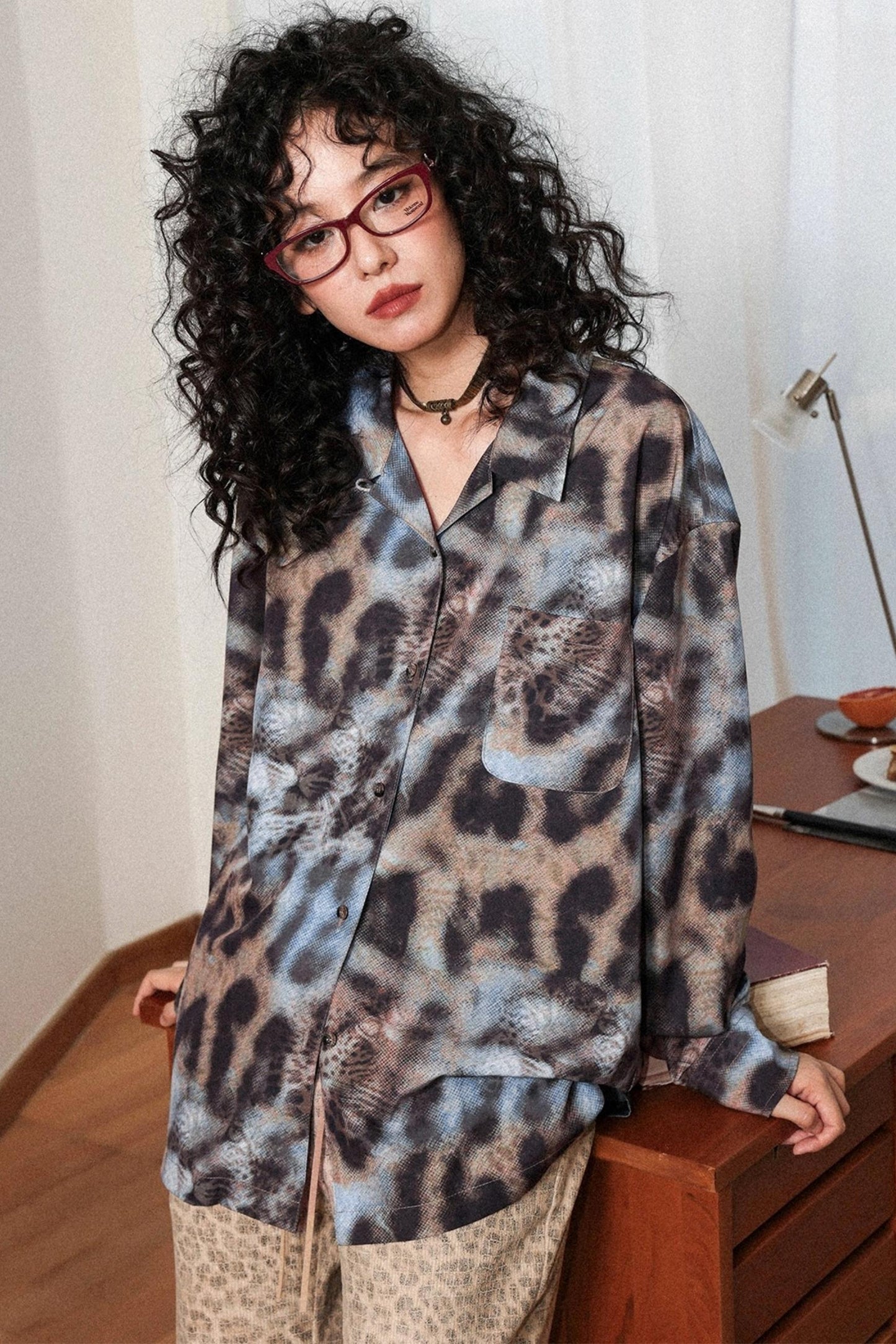Vintage Leopard Print Cuban Collar Long-Sleeved Shirt
