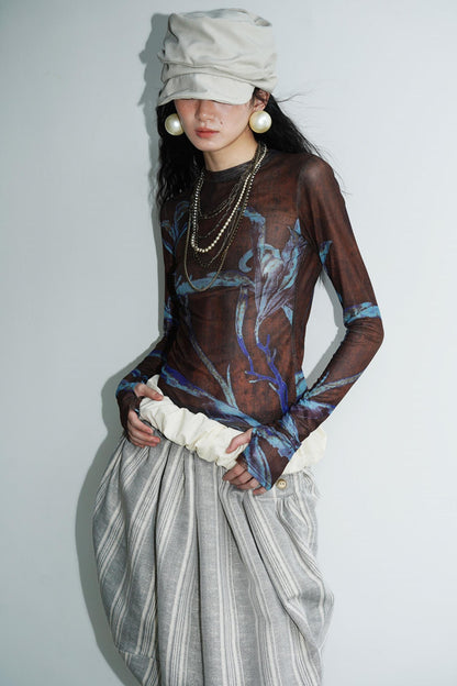 Chinese Mesh Cutout Long-Sleeved Top