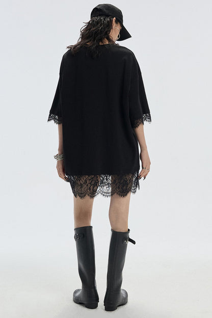 Patchwork Lace Crew Neck Long Top