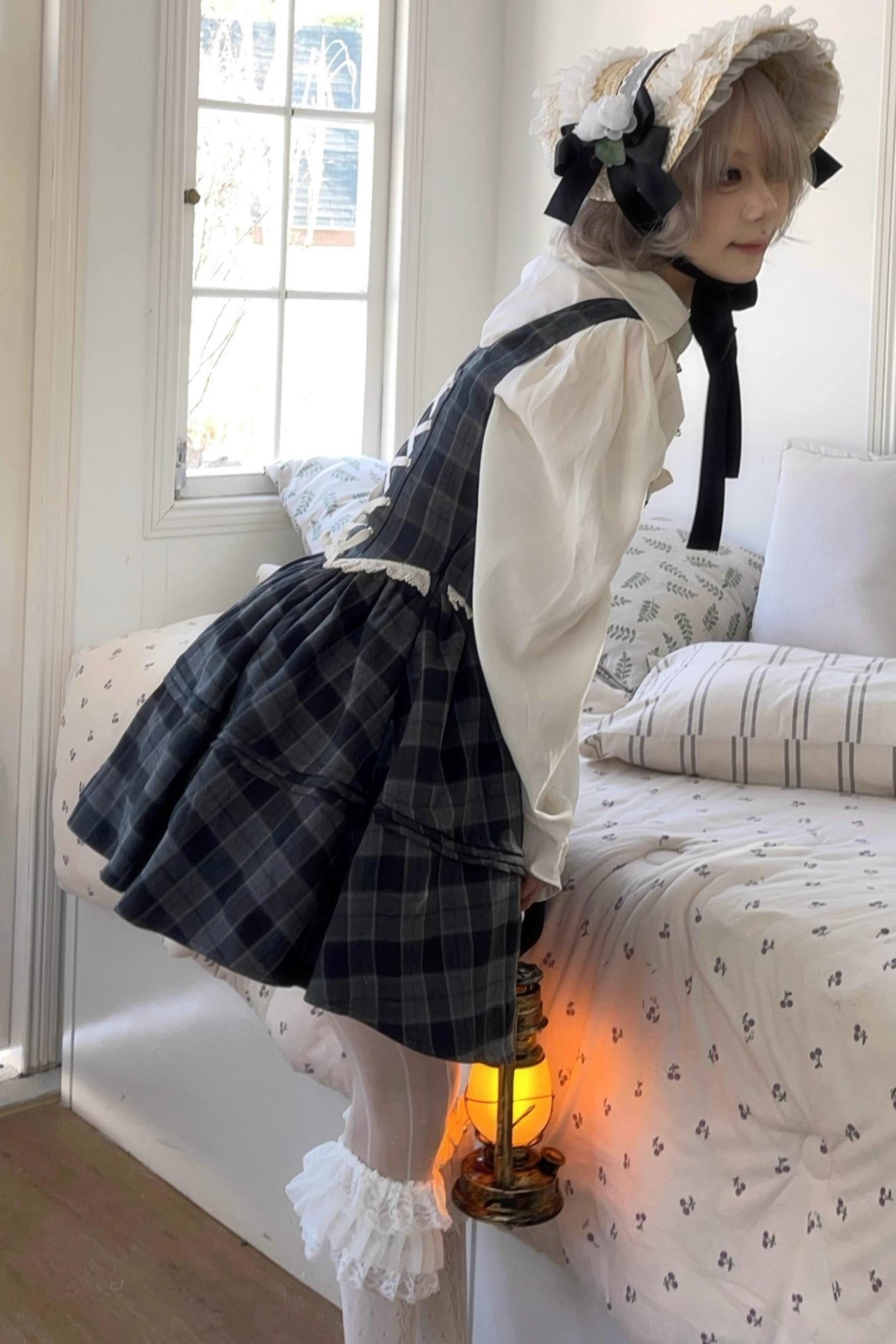 Gray Plaid Waist Cinched Herringbone Lace Bow Tie Dress Set-Up