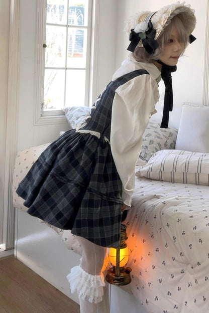 Gray Plaid Waist Cinched Herringbone Lace Bow Tie Dress Set-Up