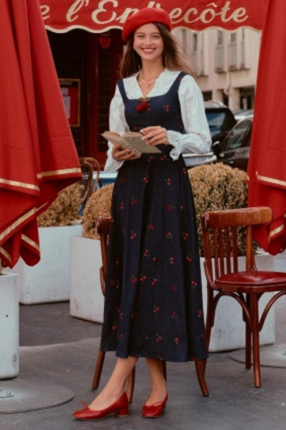 Cherry Lace Embroidered Denim Dress Set-Up